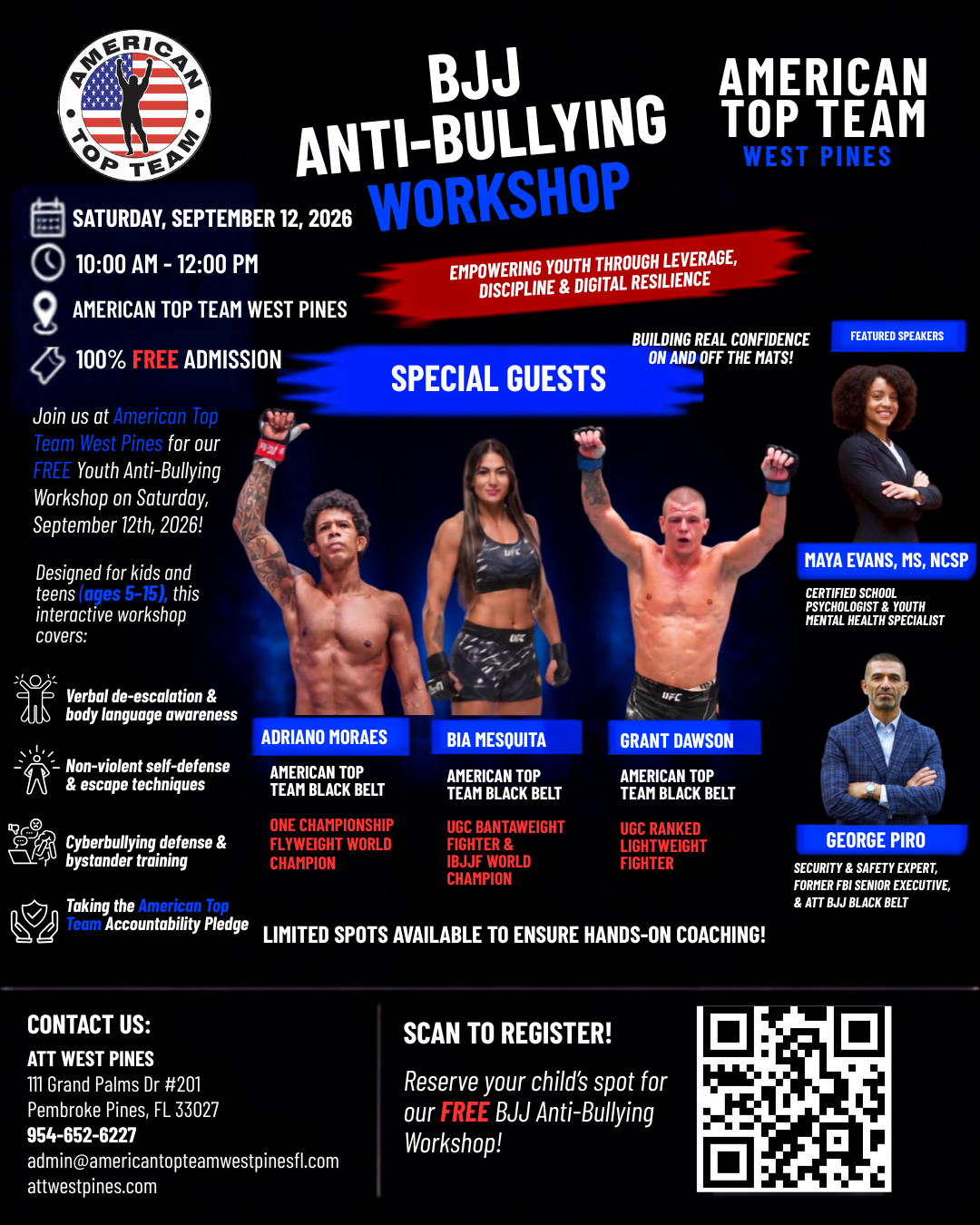 Youth Anti-Bullying Workshop flyer featuring special guests Adriano Moraes, Bia Mesquita and Grant Dawson, with speakers Maya Evans and George Piro